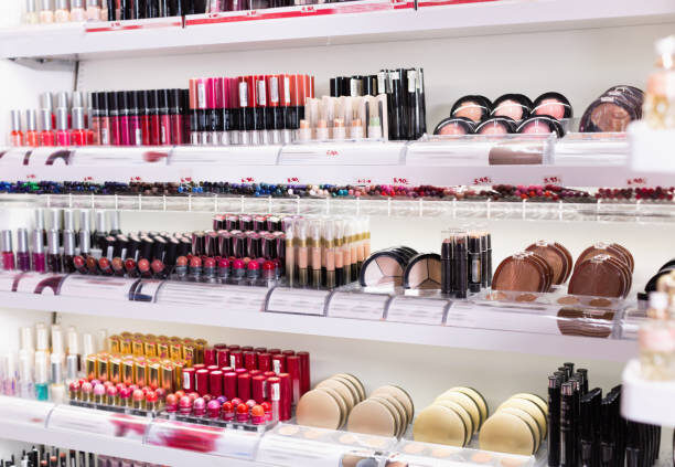 New cosmetics and makeup stock on display shelves
