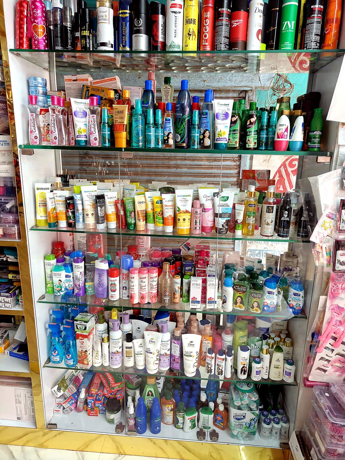 Skincare, haircare and beauty product shelves inside Perfect Choice Cosmetics & Bangles